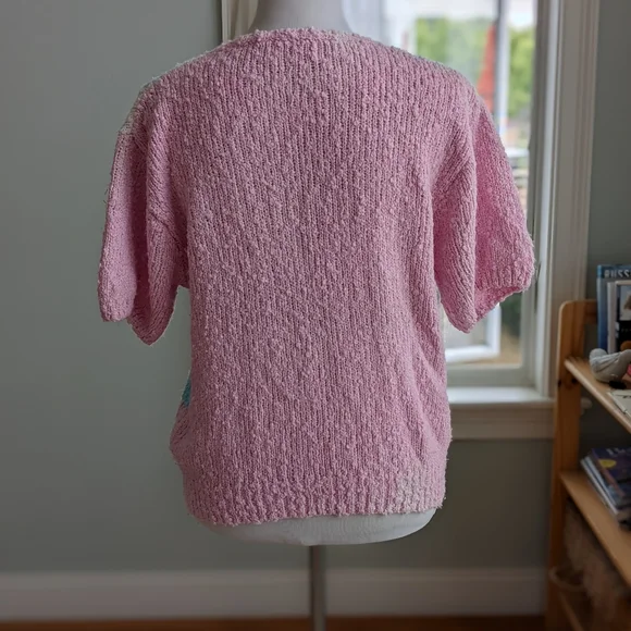 Vintage 1980s Pink Blue Short Sleeve Sweater Geometric Abstract Pastel Retro VTG - Picture 2 of 3